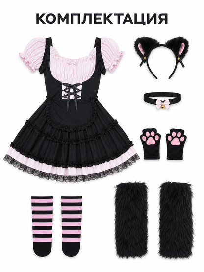 Lolita-Style Dress with Apron, Ruffles, and Lacing included items