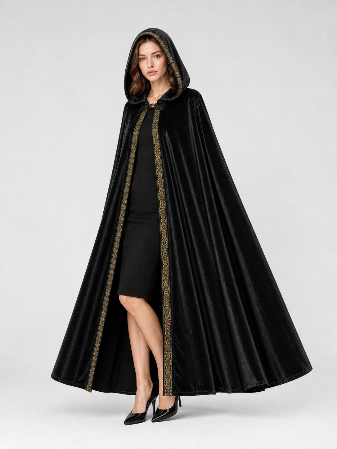 Black Costume Cloak with Hood and Trim