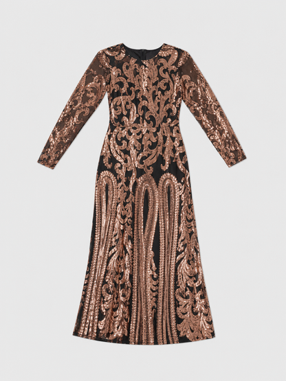 Long Sequin Dress with Sheer Sleeves