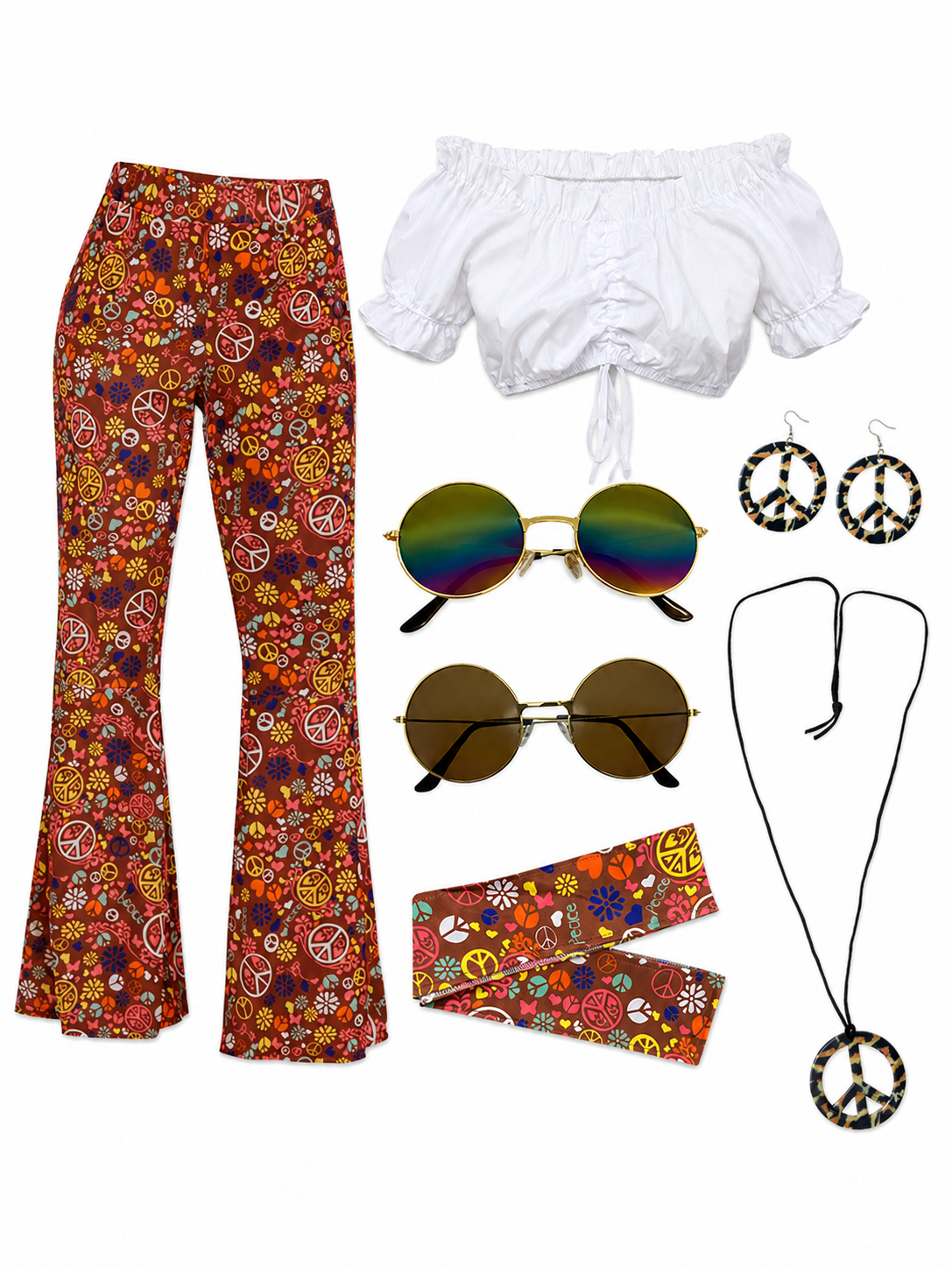 Hippie-Style Set: Bell-Bottom Pants, Top, and Accessories