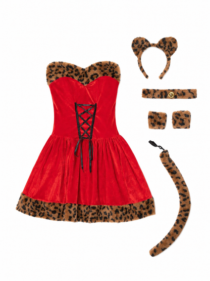 Cosplay costume dress with leopard-print trim