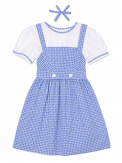 Blue-and-White Check Dress with Puff Sleeves