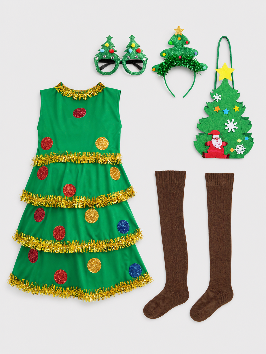 Christmas Tree Costume with Layered Skirt and Decorations