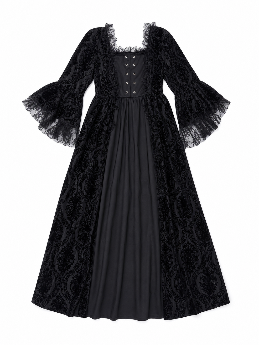 Gothic Vintage Maxi Dress with Lace Trim
