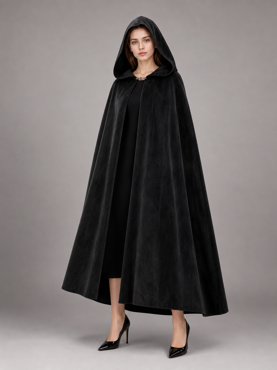 Long black hooded costume cloak