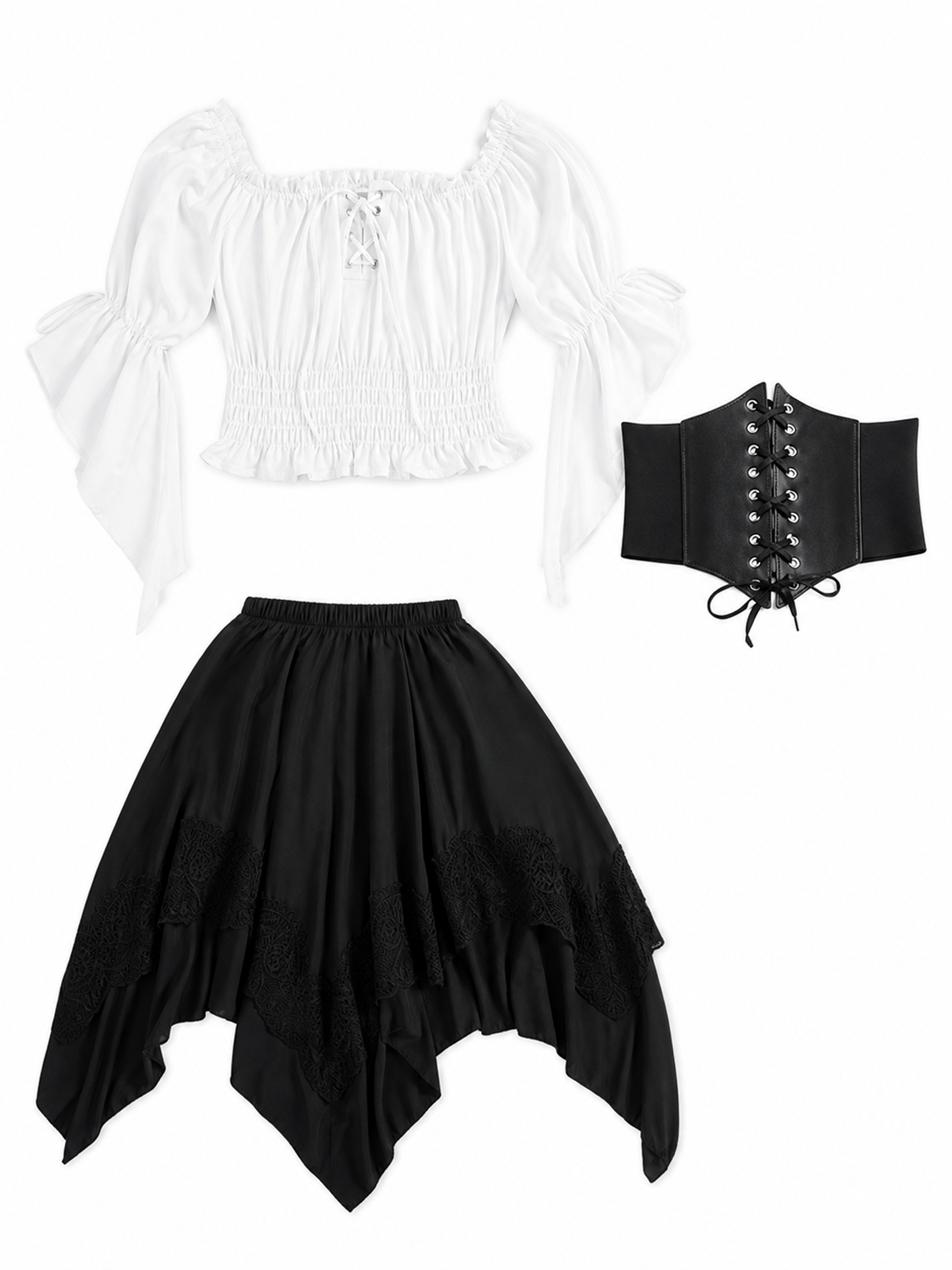 The set is designed in a theatrical pirate style and consists of a white cropped off-the-shoulder top with voluminous puff sleeves, a black corset with front lacing and metal eyelets, and a black asymmetrical skirt with elongated pointed pa