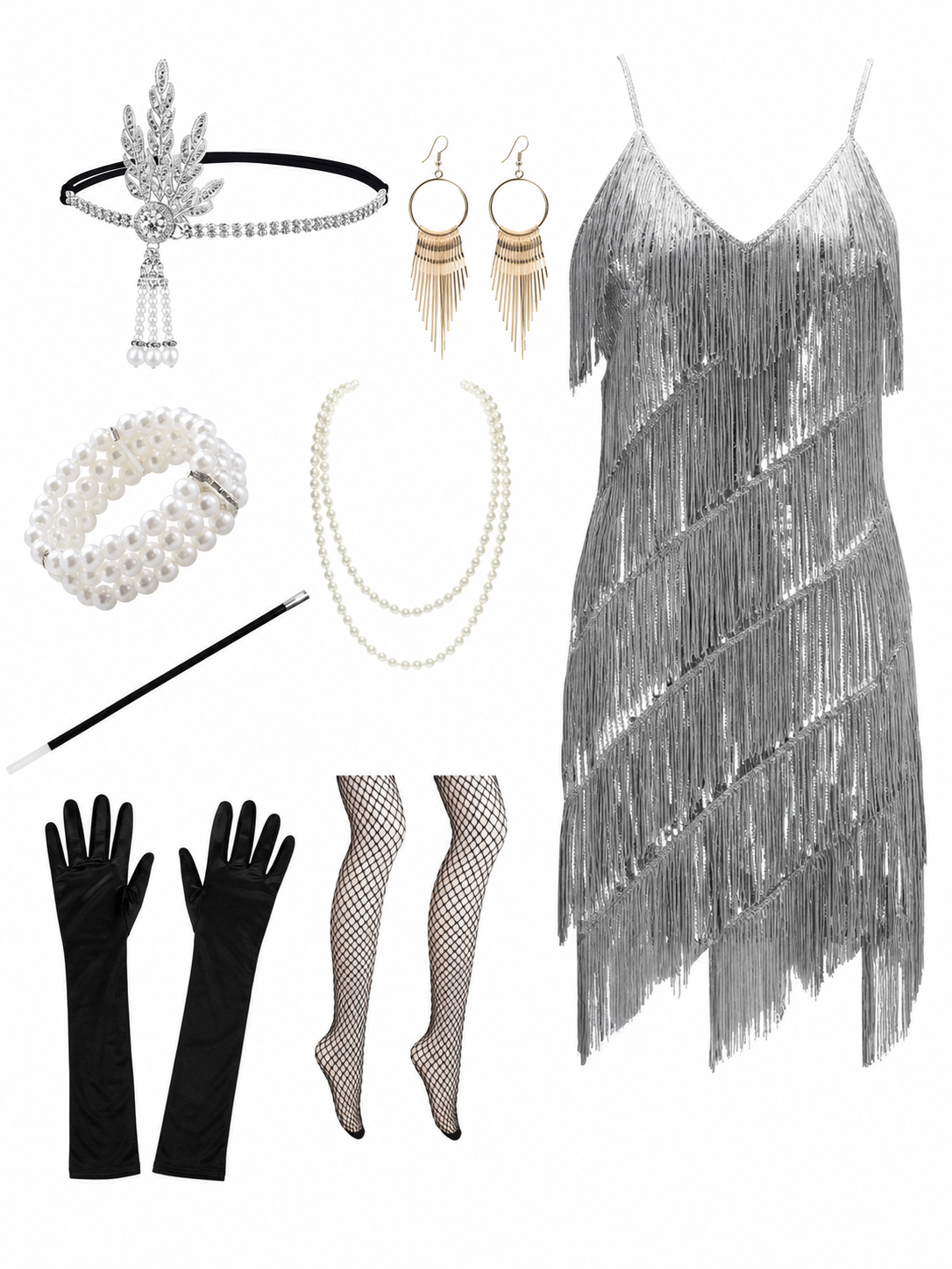 1920s-Style Fringe Dress with Accessory Set