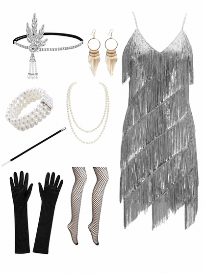 1920s-Style Fringe Dress with Accessory Set