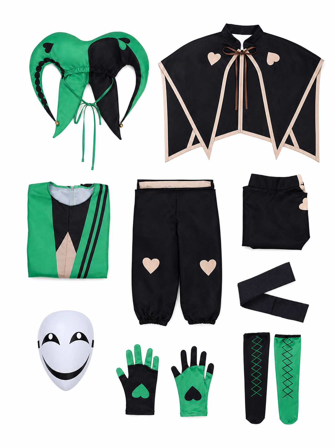 Theatrical jester-clown costume in a black-and-green style for cosplay. The set