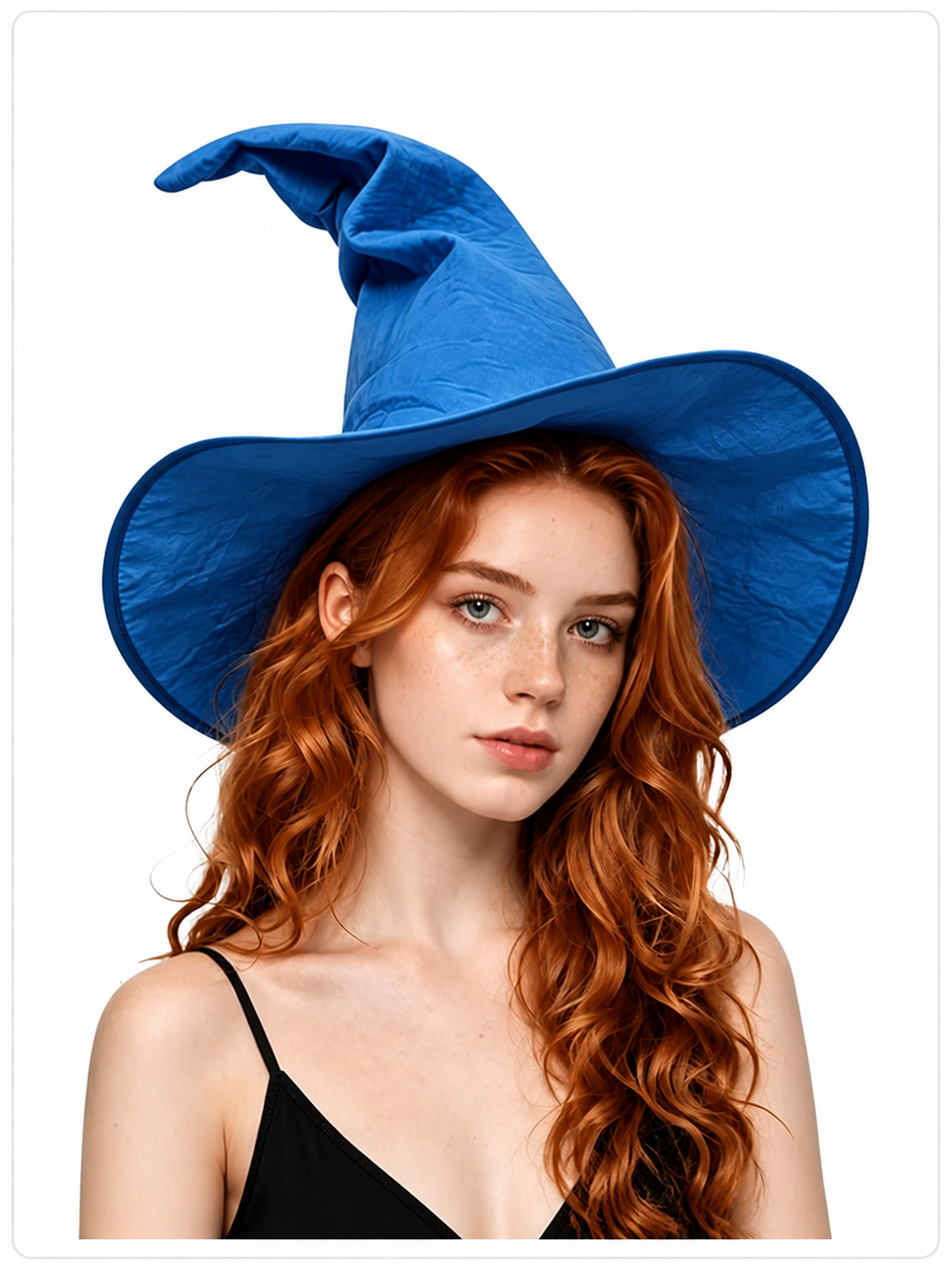 Blue Halloween Witch Hat, Wide Brim Curved Pointed Cap with Black Chin Strap included items 2