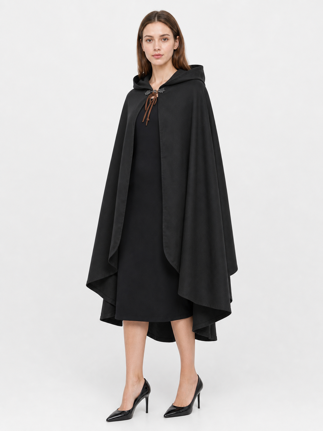 Black hooded medieval costume cloak product view 42