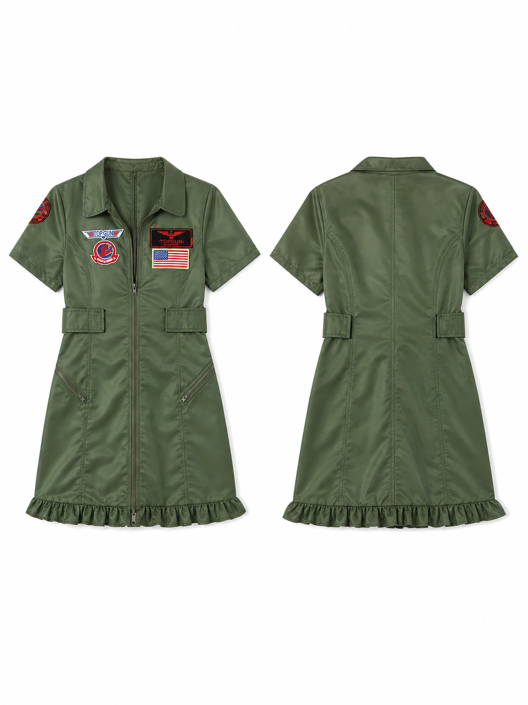 The uniform dress is made in military green and styled after professional aviation uniforms. The design is a short fitted dress with short sleeves, a notched collar, and a front zipper. Aviation-themed patches and insignia, as well as a pat