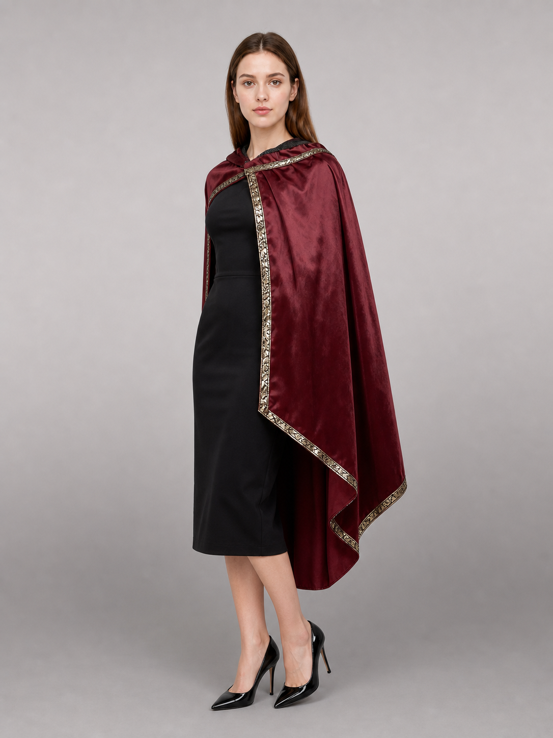 Burgundy velvet-look hooded costume cape product view 66
