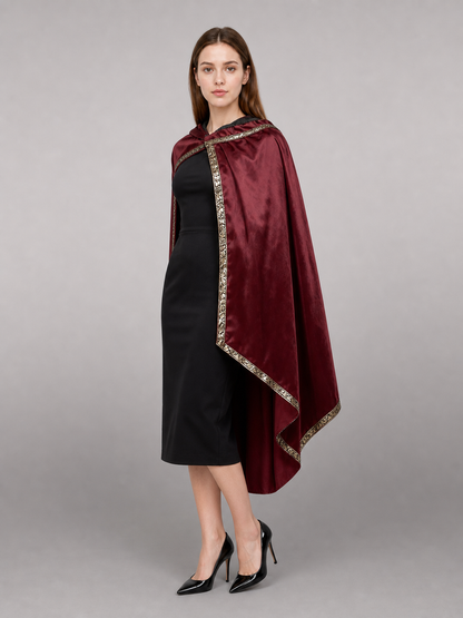 Burgundy velvet-look hooded costume cape product view 66