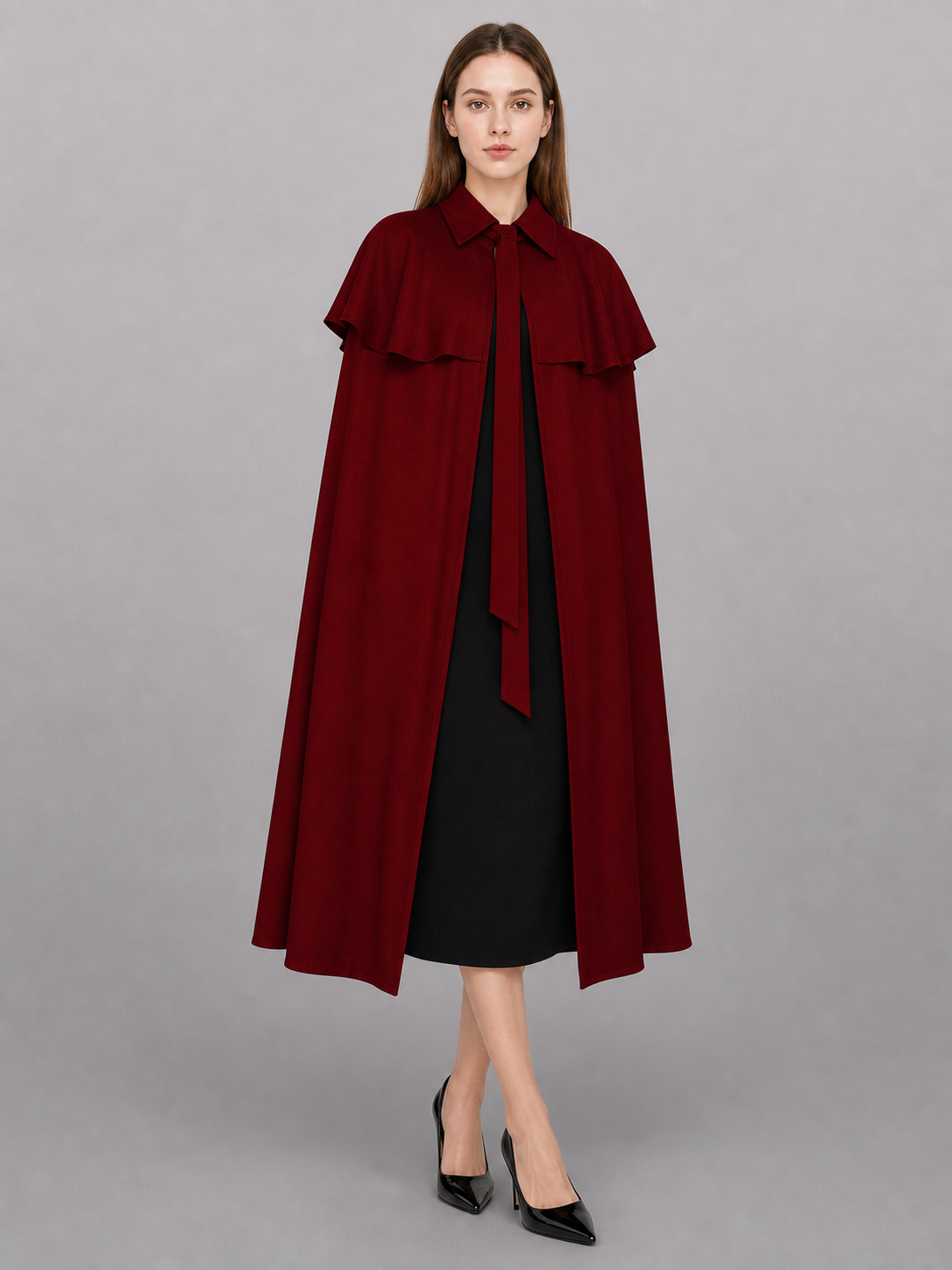 Burgundy Dress with Collar and Flared Hem