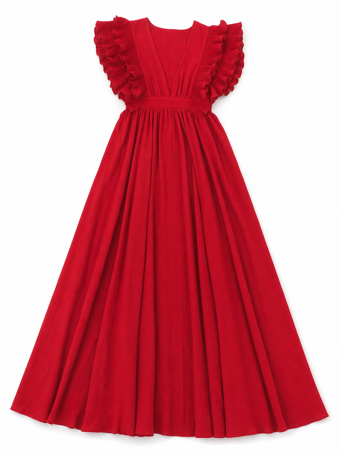 Floor-Length Ruffled Dress with a Deep V-Neckline