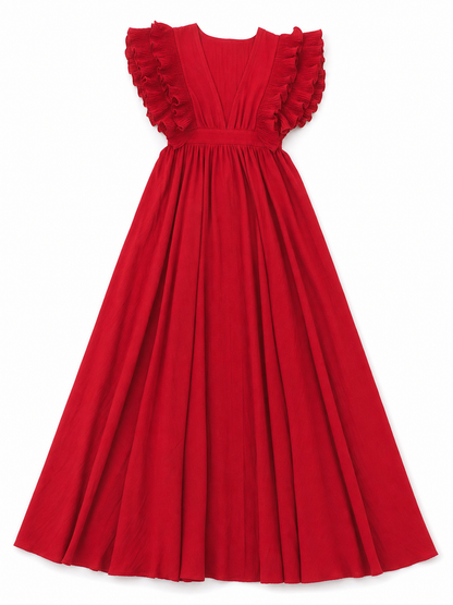 Floor-Length Ruffled Dress with a Deep V-Neckline