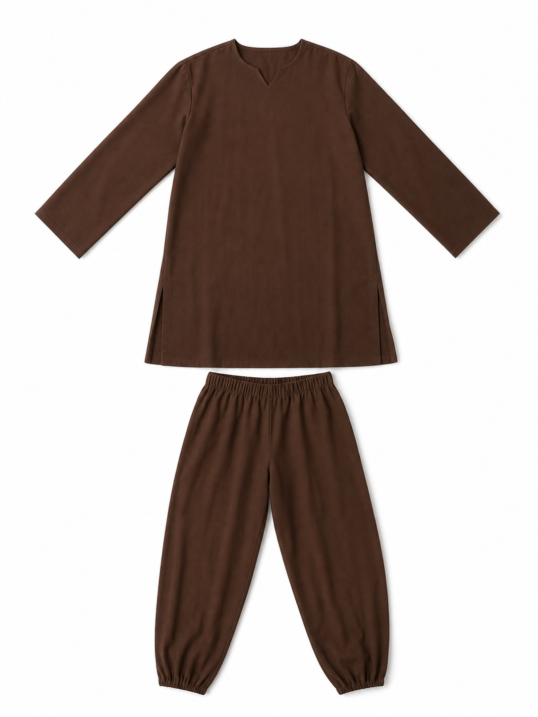 Flat lay of a brown long-sleeve tunic and matching elastic-waist pants on a white background