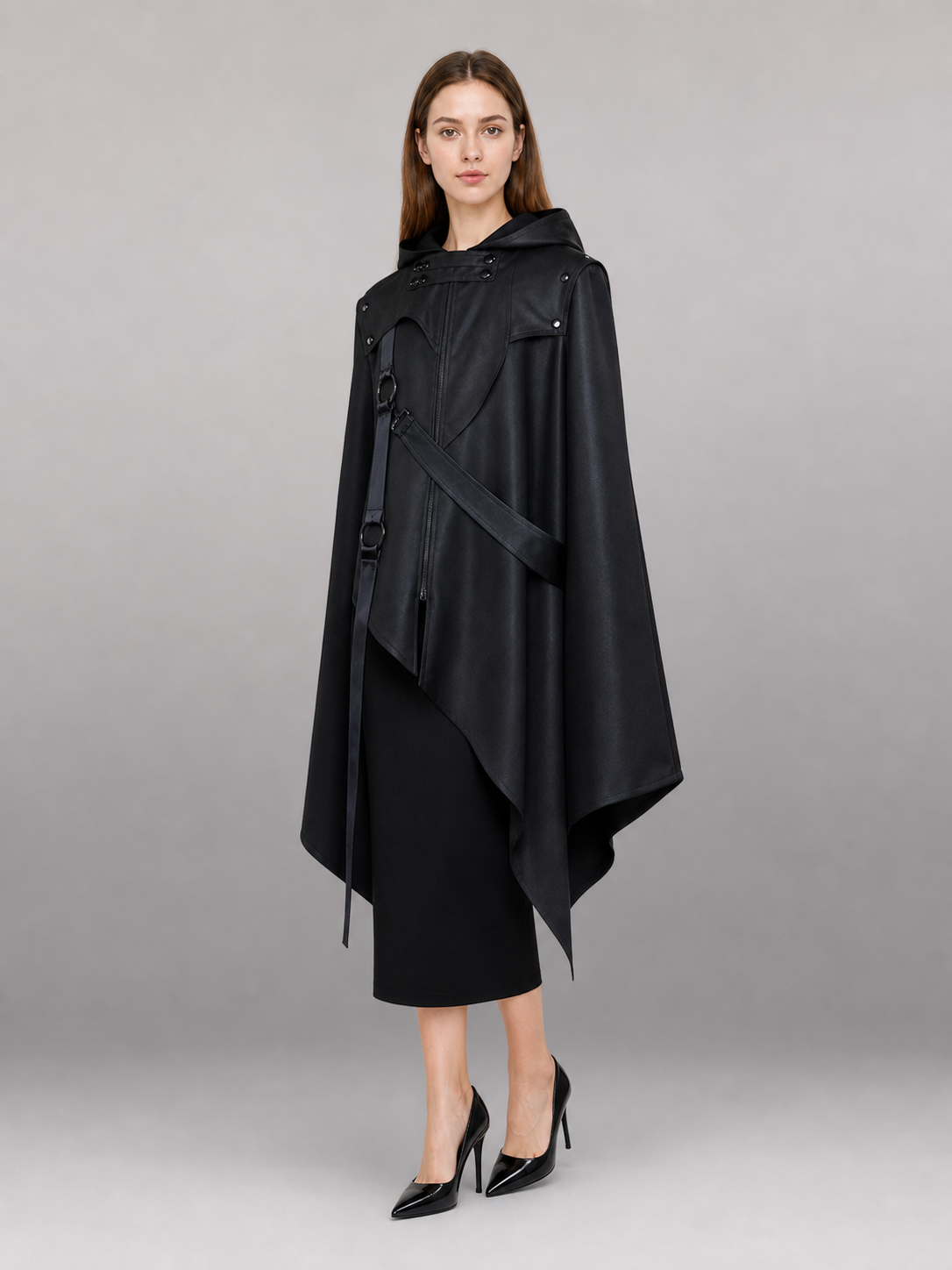 Black asymmetrical carnival cloak with hood