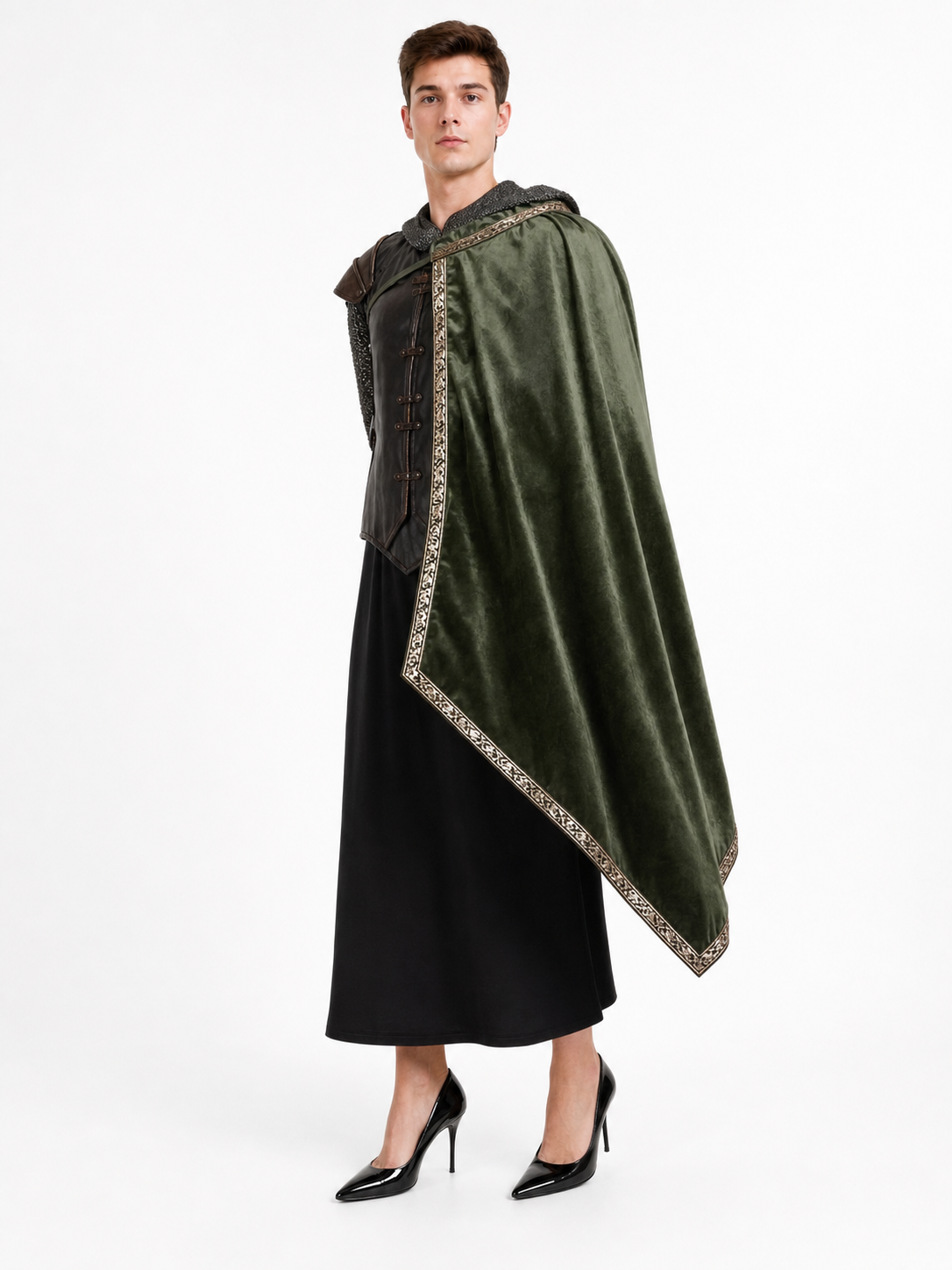 Green asymmetrical long carnival cape