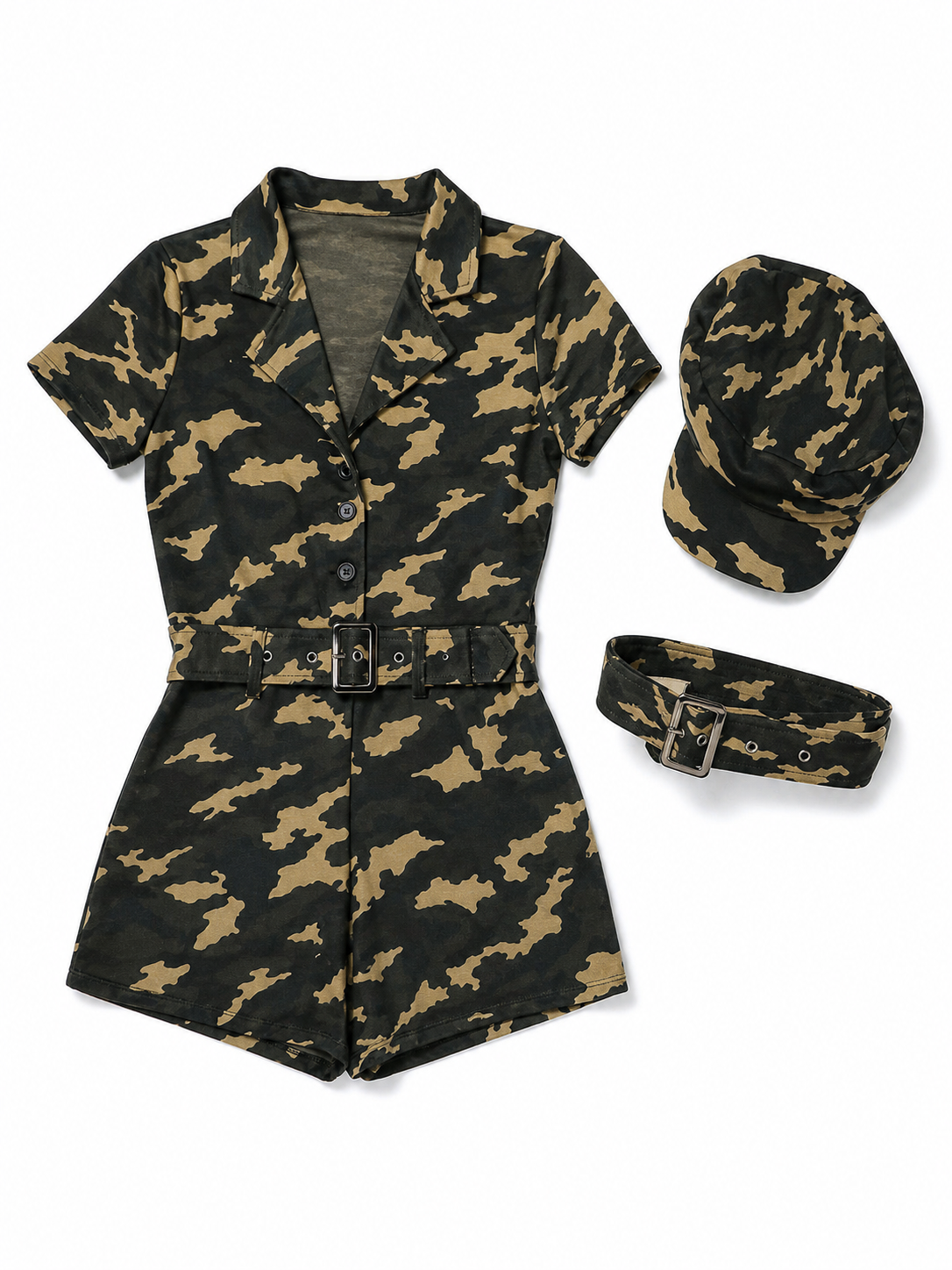Camouflage jumpsuit costume with cap and belt
