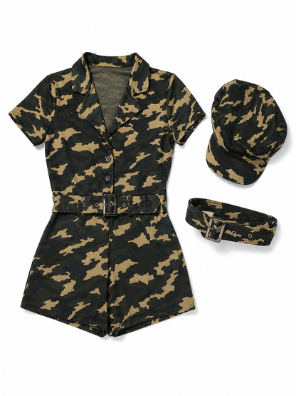 Camouflage jumpsuit costume with cap and belt