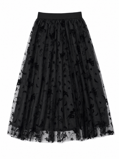Black mesh midi skirt with bats