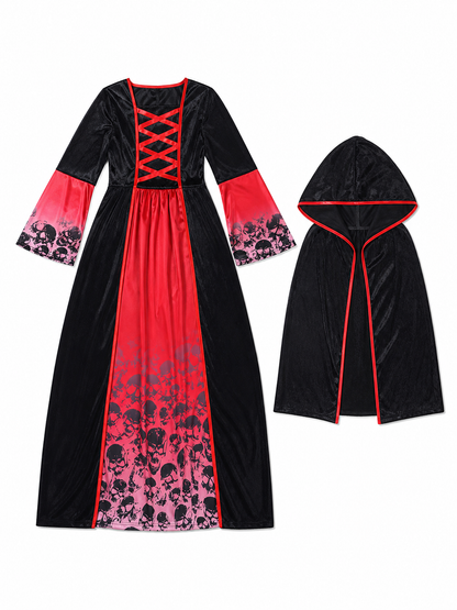 Gothic Hooded Dress with Skulls