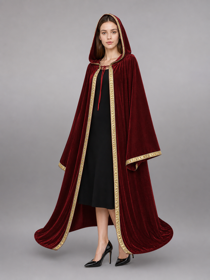 Burgundy carnival cape with hood and gold trim