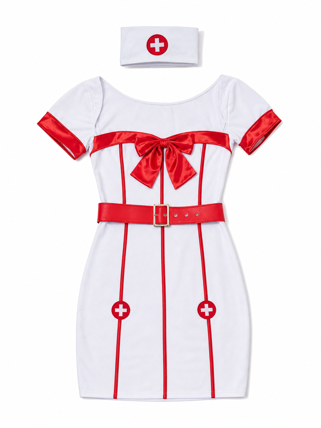 White-and-Red Nurse Costume with Bow and Belt