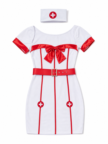 White-and-Red Nurse Costume with Bow and Belt