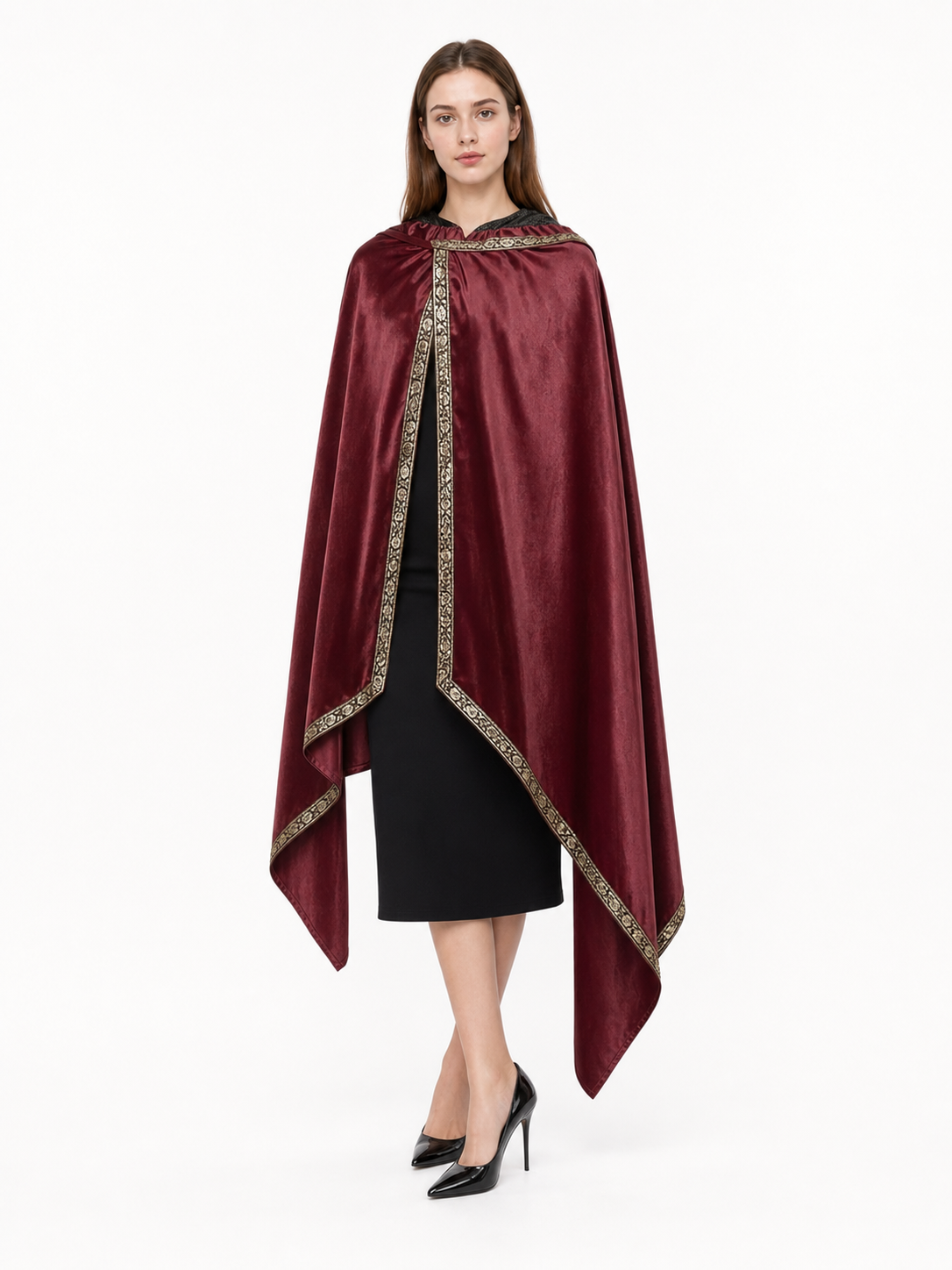 Burgundy velvet-look hooded costume cape product view 67