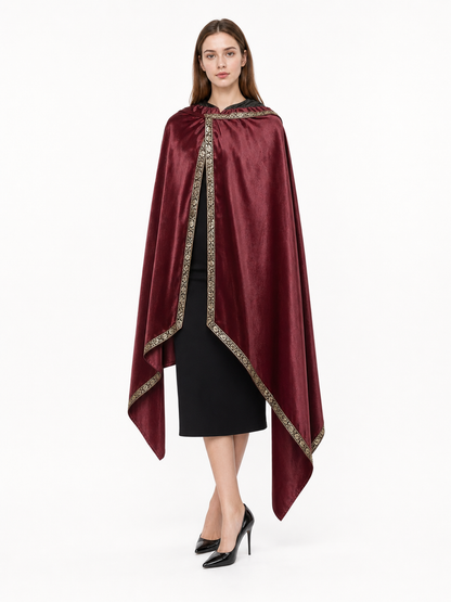 Burgundy velvet-look hooded costume cape product view 67