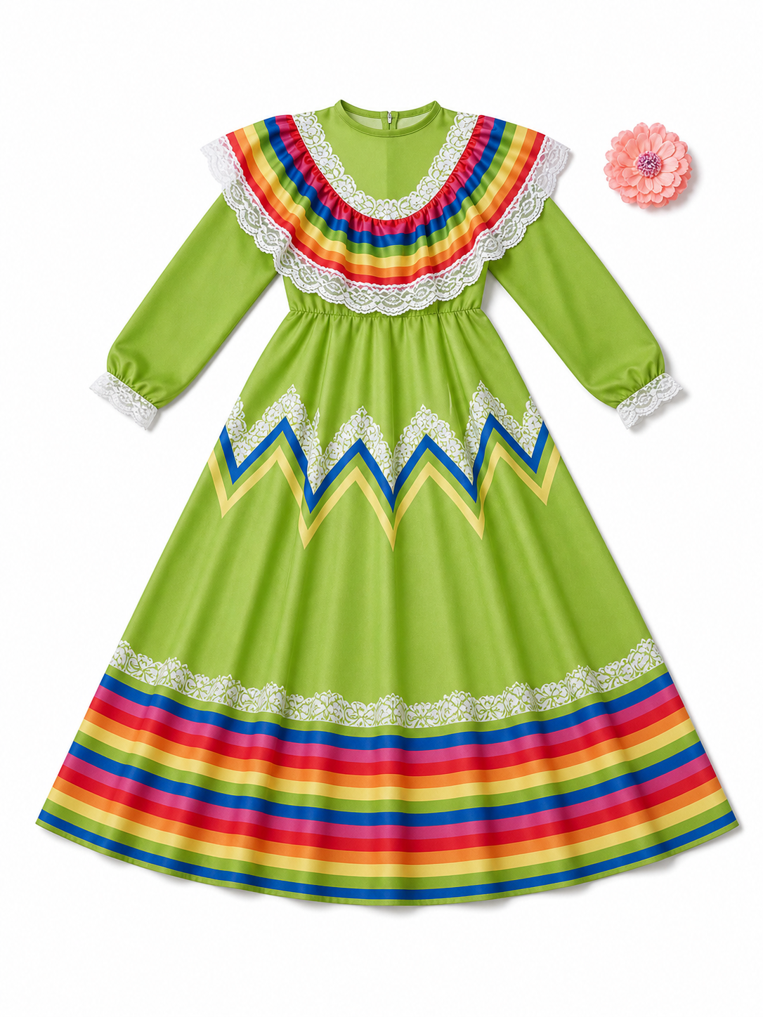Bright folk dress with a full skirt and lace