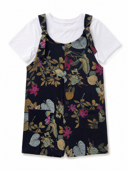 Dark Blue Overall Shorts with Yellow Floral Print included items