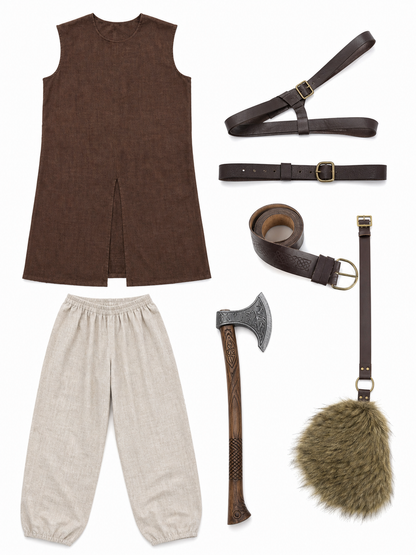 Costume pieces laid flat, including a brown sleeveless tunic, light trousers, two belts, shoulder strap, axe and fur accessory