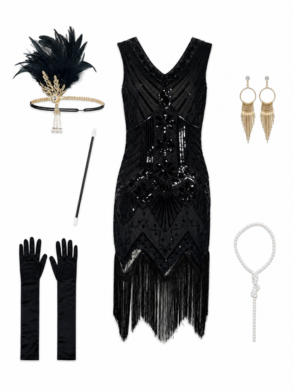 Black Art Deco Flapper Fringe Dress