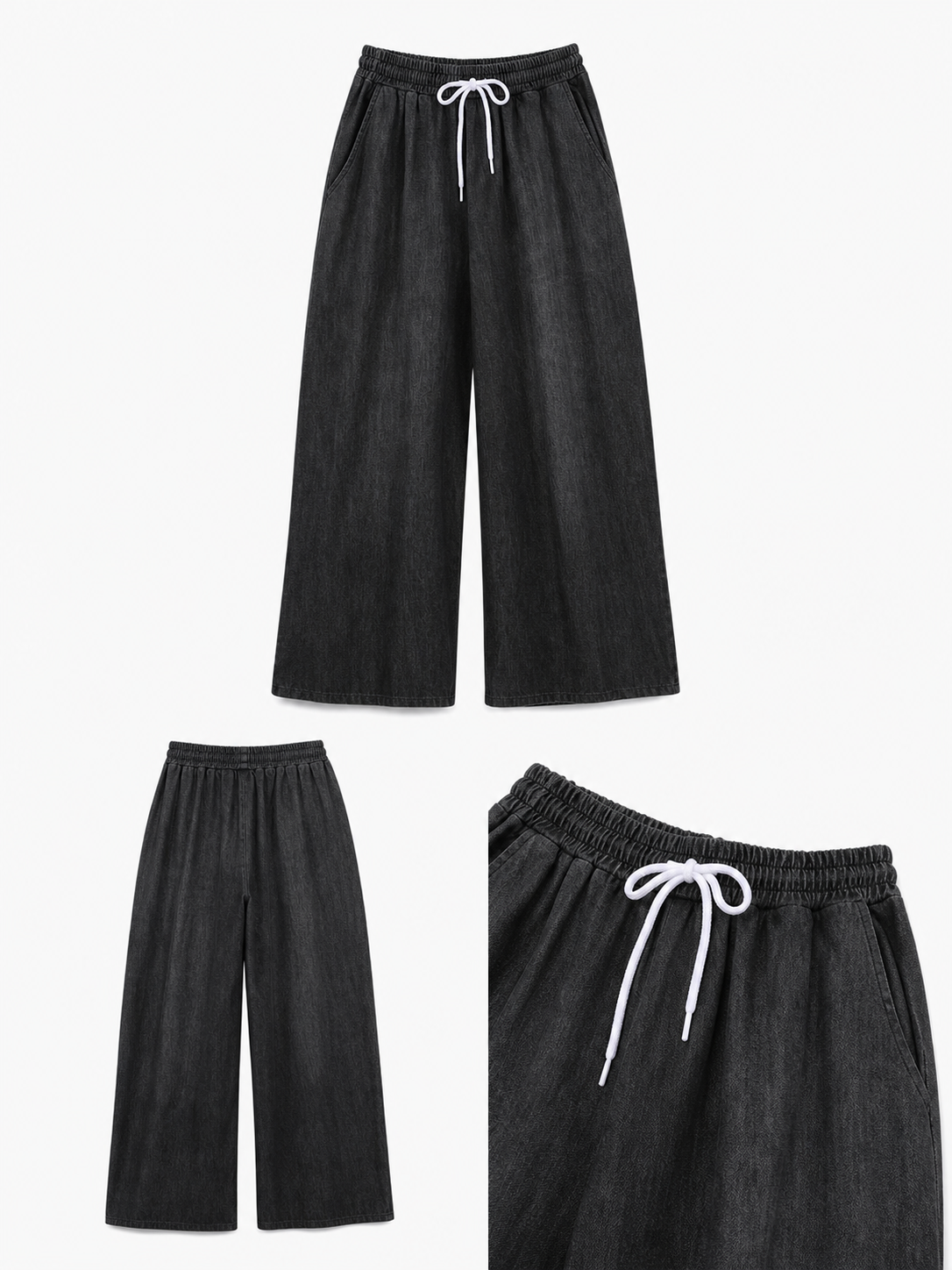 Solid Black Wide-Leg Pants with Elastic Waist and Contrast White Drawstrings included items 6