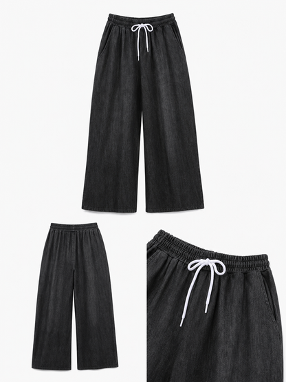 Solid Black Wide-Leg Pants with Elastic Waist and Contrast White Drawstrings included items 6
