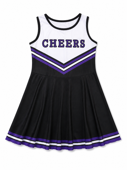 Cheerleading costume with pom-poms, dress, and leg warmers