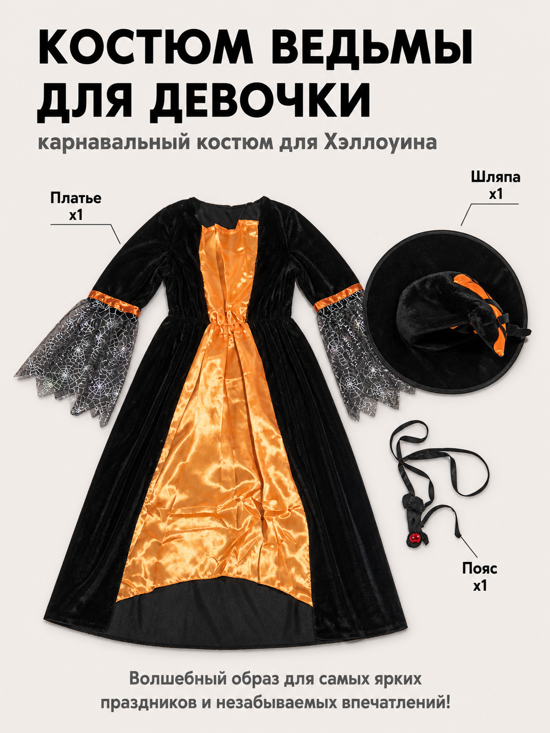 Halloween Costume with Dress, Hat, and Spiderweb Accessory included items