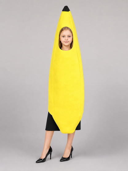 Bright banana-shaped costume for dress-up and fun events. The design is a tall, elongated banana: the main color is rich yellow, and the top is finished with a black pointed tip. There is a face opening in the upper area, and the open secti