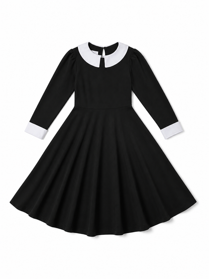 Black Wednesday-style dress with a white collar included items