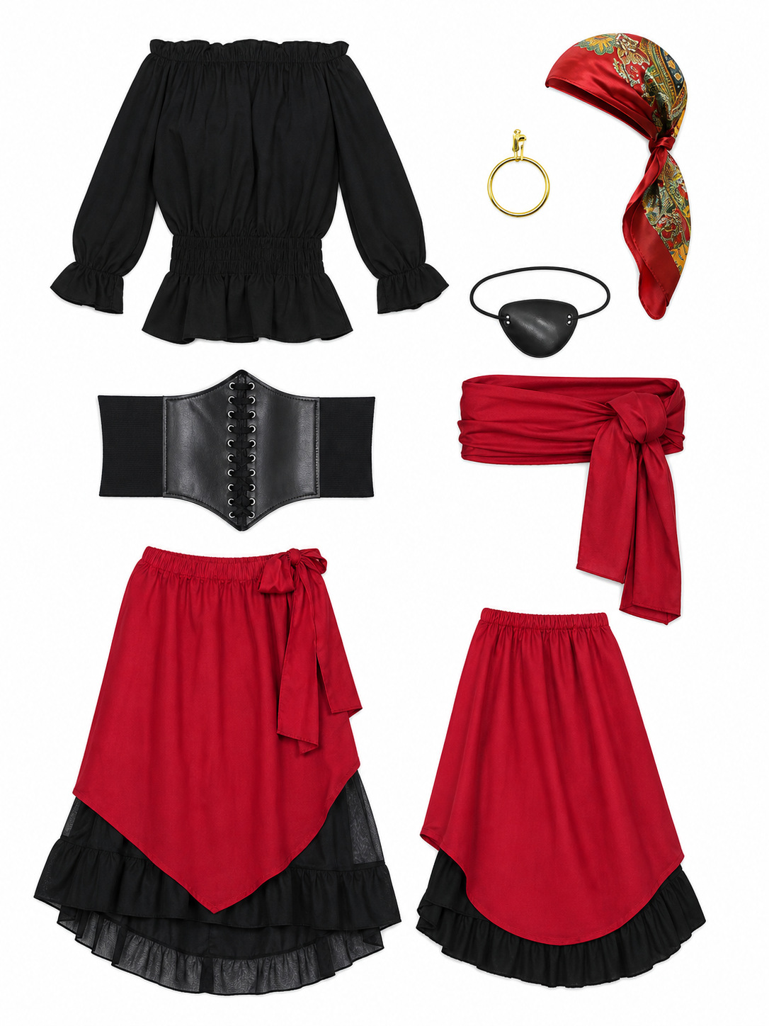 Theatrical pirate costume set with accessories. The two-color design in black