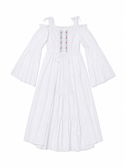 Retro-Style Embroidered Lace-Up Maxi Dress