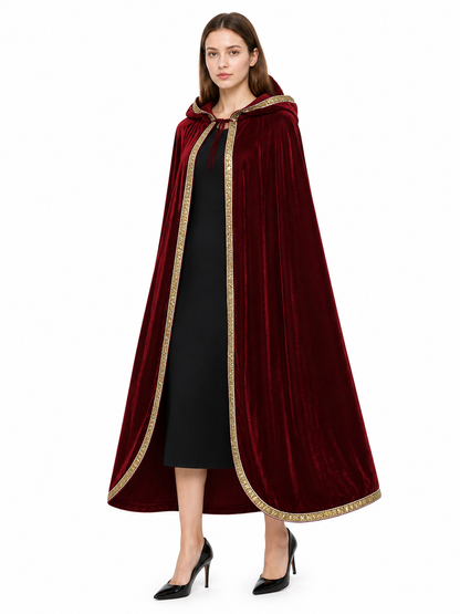 Burgundy Costume Cloak with Hood and Gold Trim