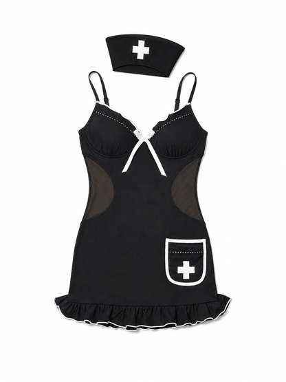 Nurse costume, black dress with white trim