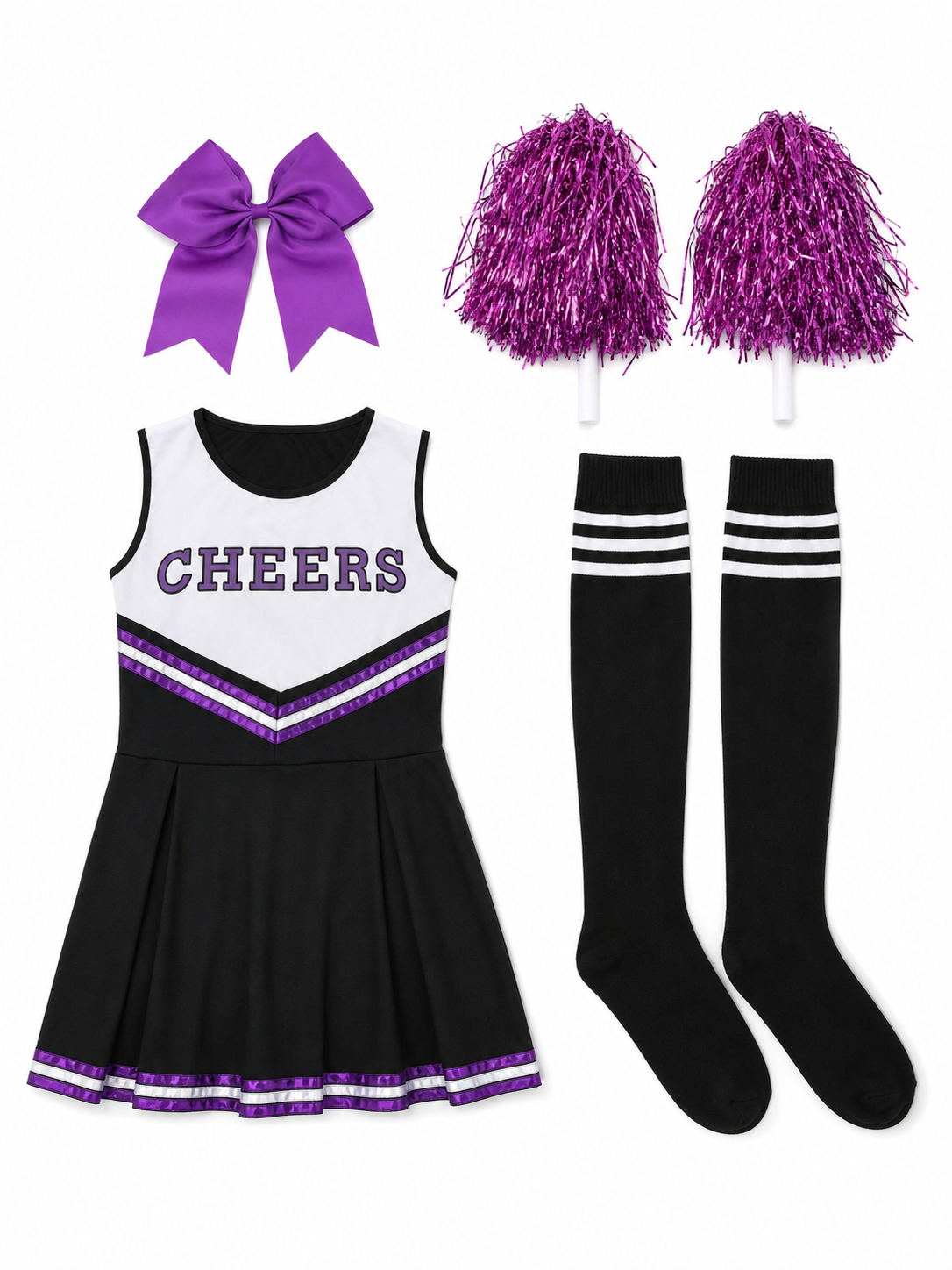 Cheerleading Costume with Dress, Bow, and Pom-Poms
