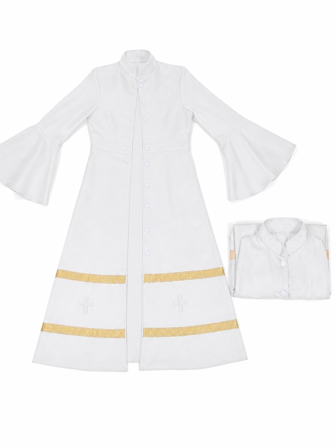 Long clergy robe with collar, buttons, and trim included items