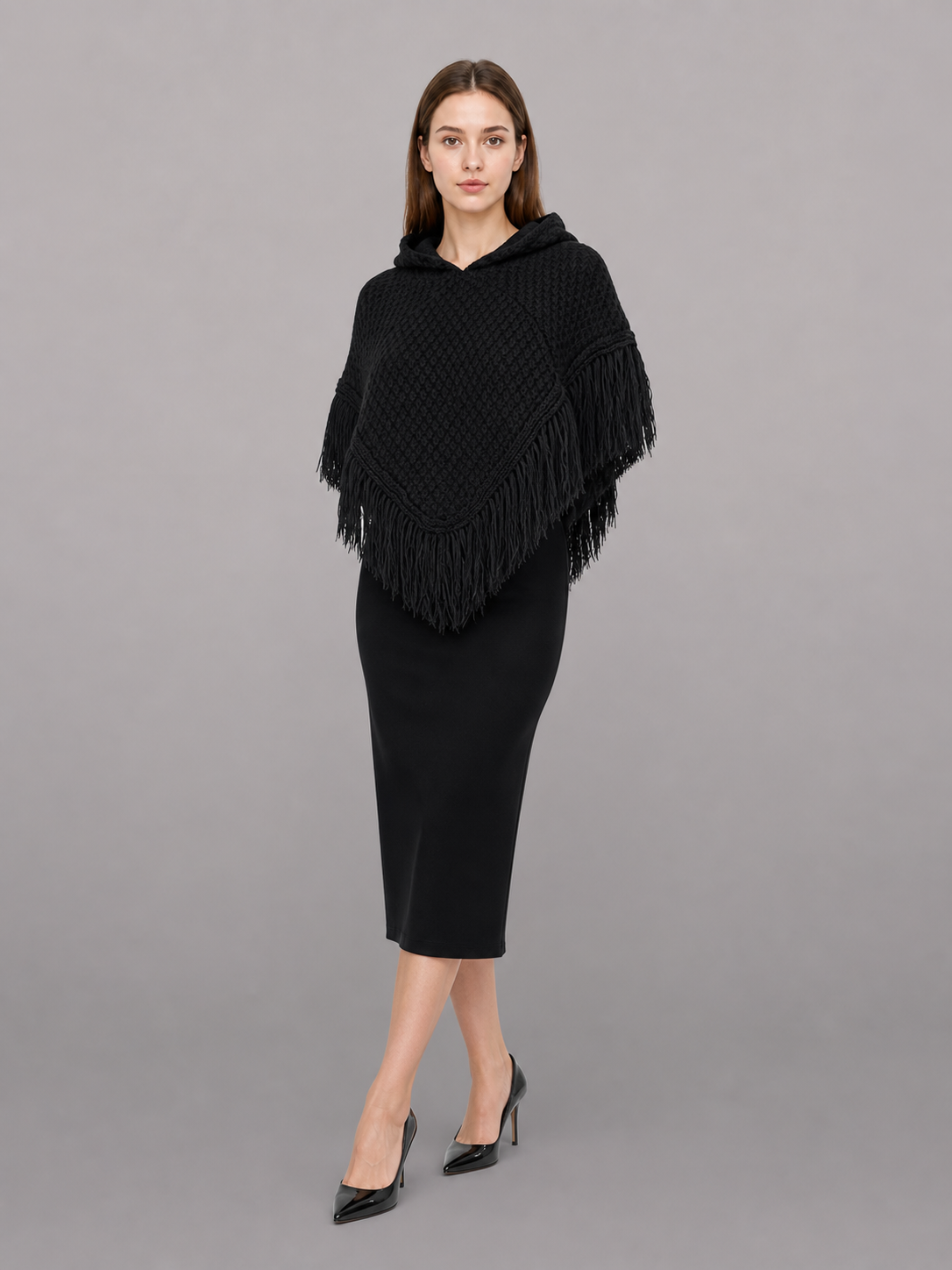 Triangular Hooded Poncho Cape with Belt